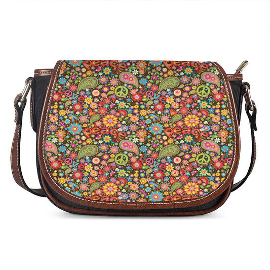 Colorful Hippie Peace Symbols Print Saddle Bag