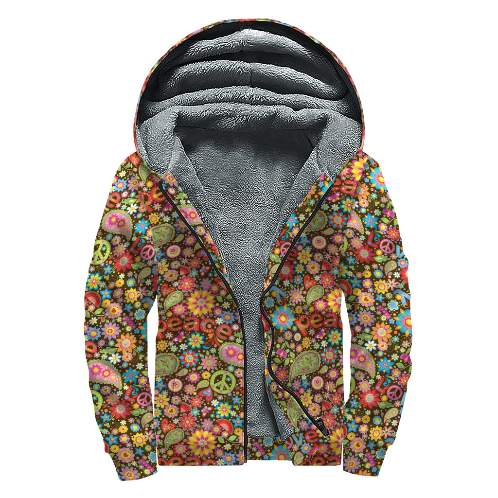 Colorful Hippie Peace Symbols Print Sherpa Lined Zip Up Hoodie