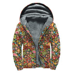 Colorful Hippie Peace Symbols Print Sherpa Lined Zip Up Hoodie
