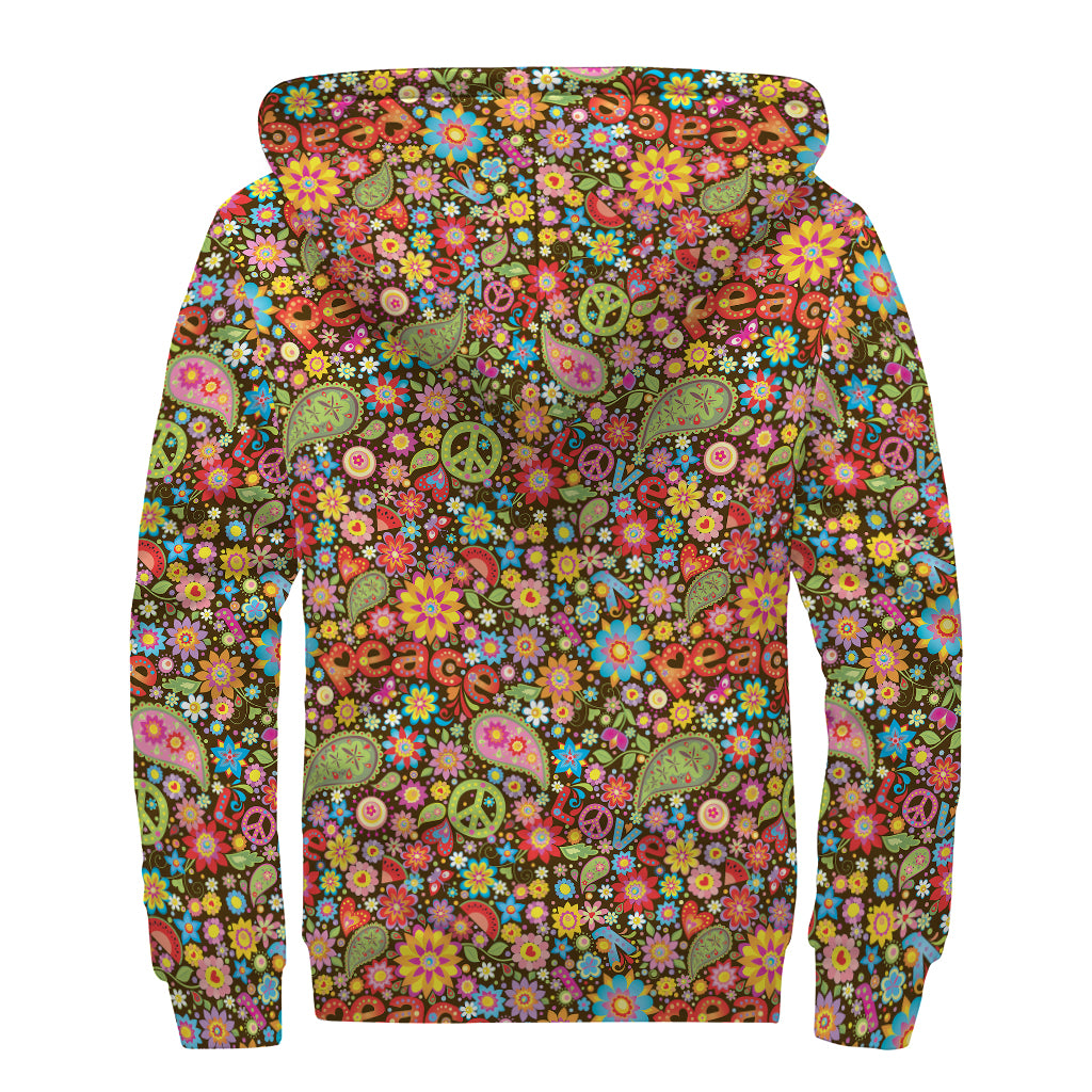 Colorful Hippie Peace Symbols Print Sherpa Lined Zip Up Hoodie