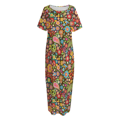 Colorful Hippie Peace Symbols Print Short Sleeve Long Nightdress