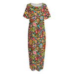 Colorful Hippie Peace Symbols Print Short Sleeve Long Nightdress