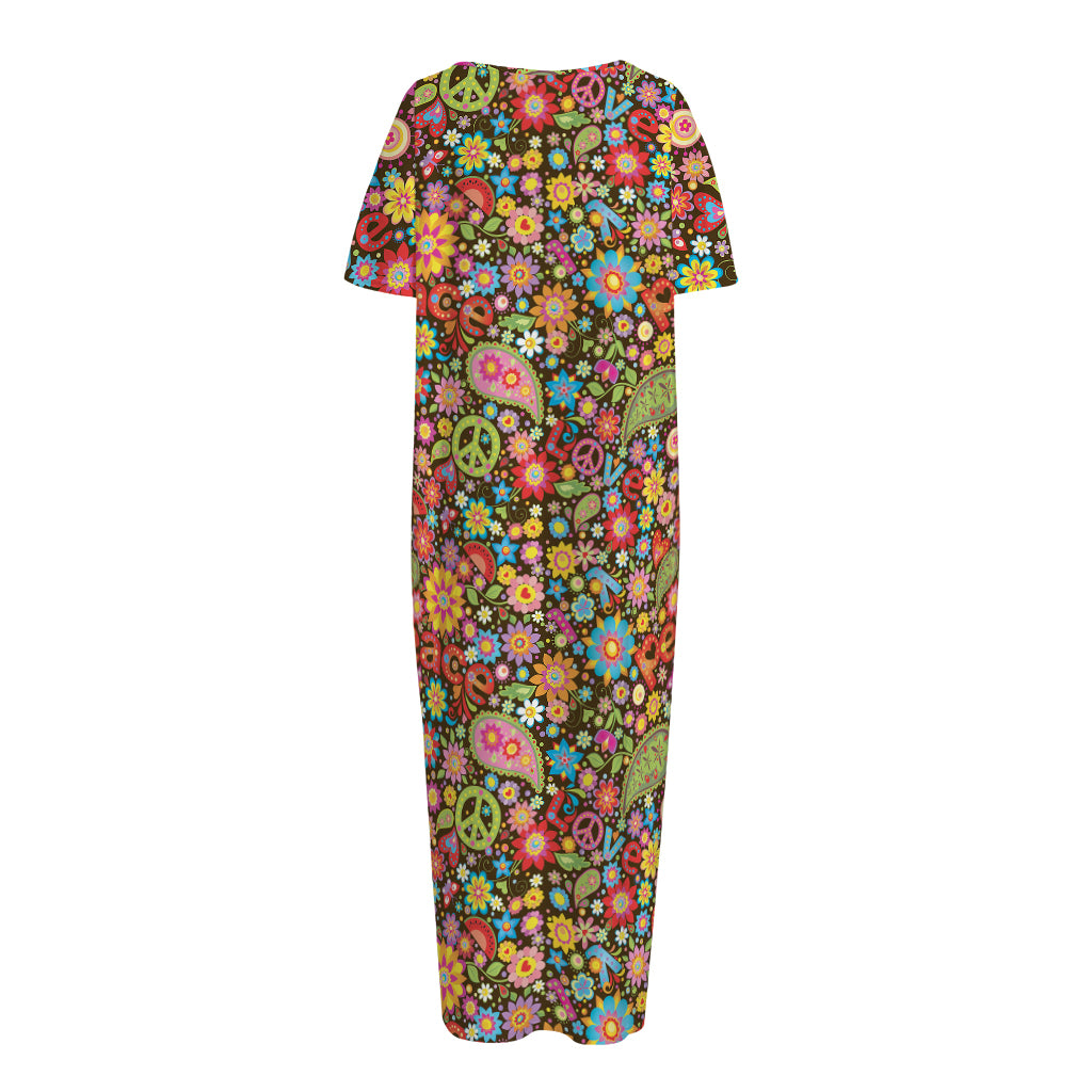 Colorful Hippie Peace Symbols Print Short Sleeve Long Nightdress