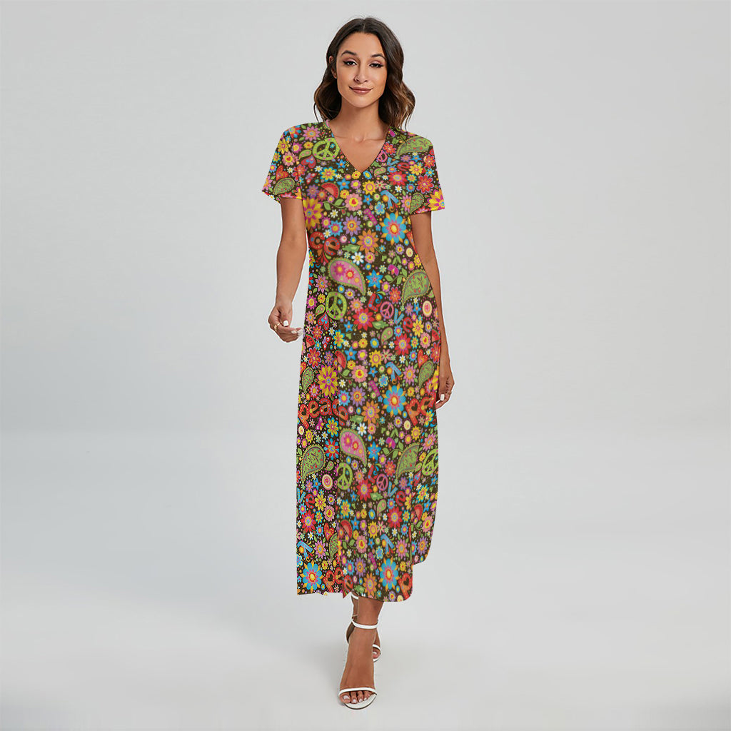 Colorful Hippie Peace Symbols Print Short Sleeve Maxi Dress