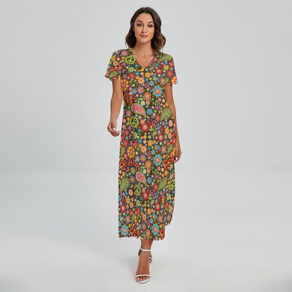 Colorful Hippie Peace Symbols Print Short Sleeve Maxi Dress