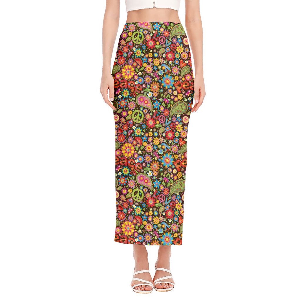Colorful Hippie Peace Symbols Print Side Slit Maxi Skirt