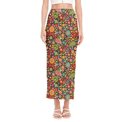 Colorful Hippie Peace Symbols Print Side Slit Maxi Skirt