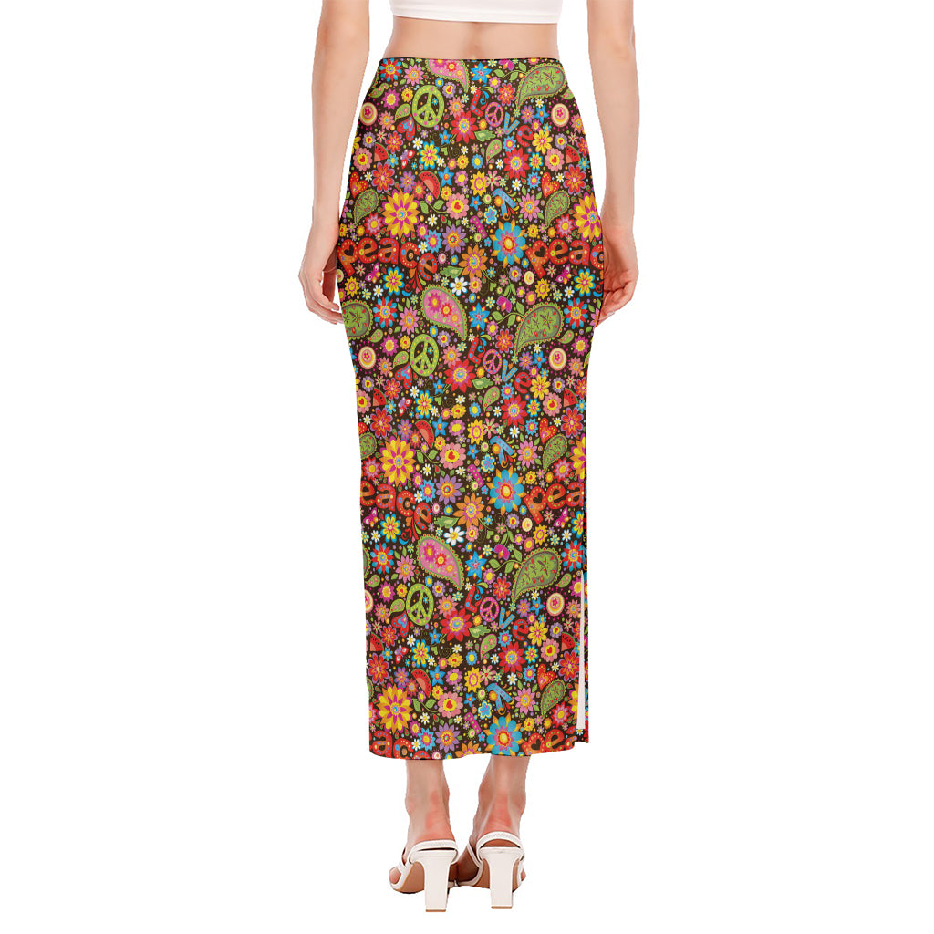 Colorful Hippie Peace Symbols Print Side Slit Maxi Skirt