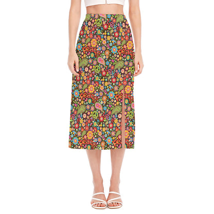 Colorful Hippie Peace Symbols Print Side Slit Midi Skirt
