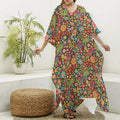 Colorful Hippie Peace Symbols Print Silk V-Neck Kaftan Dress