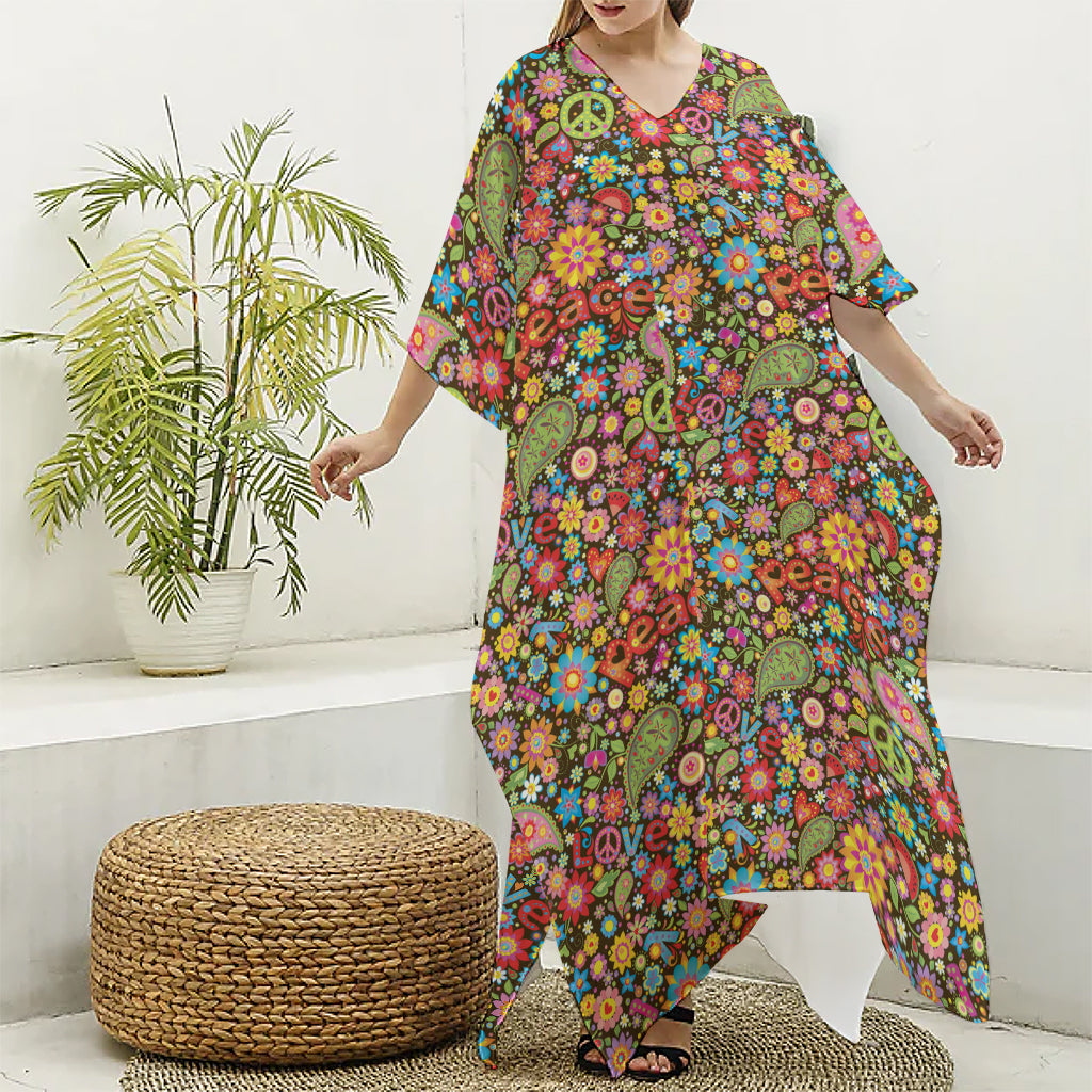 Colorful Hippie Peace Symbols Print Silk V-Neck Kaftan Dress