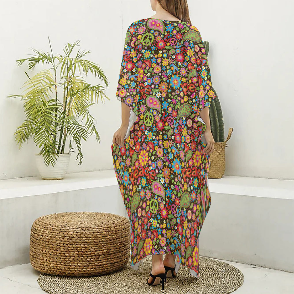 Colorful Hippie Peace Symbols Print Silk V-Neck Kaftan Dress