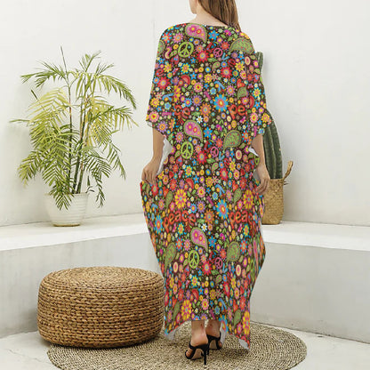 Colorful Hippie Peace Symbols Print Silk V-Neck Kaftan Dress