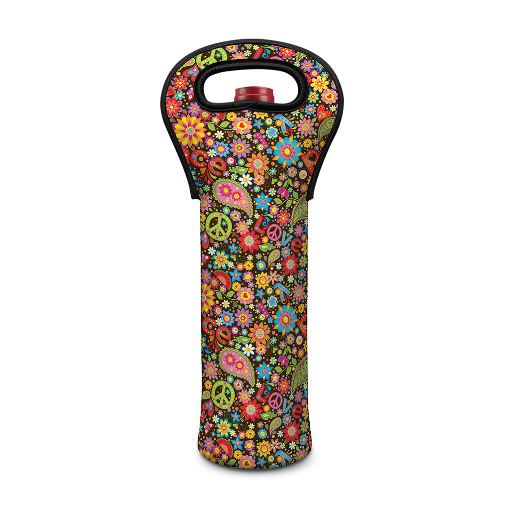 Colorful Hippie Peace Symbols Print Single Neoprene Wine Tote