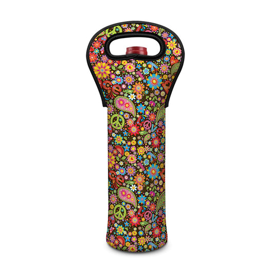 Colorful Hippie Peace Symbols Print Single Neoprene Wine Tote