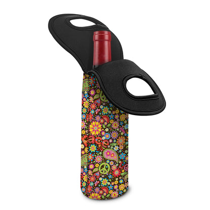 Colorful Hippie Peace Symbols Print Single Neoprene Wine Tote