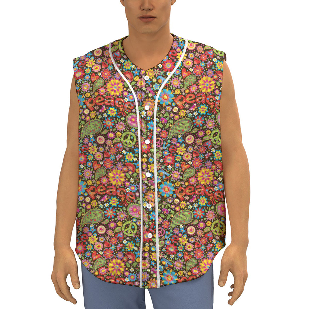 Colorful Hippie Peace Symbols Print Sleeveless Baseball Jersey