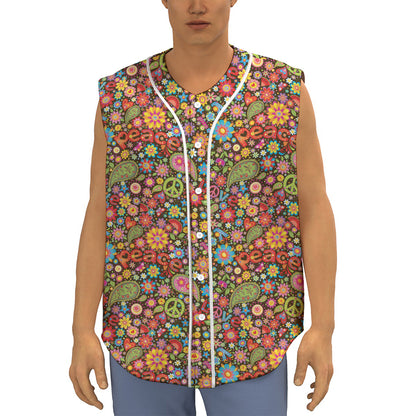 Colorful Hippie Peace Symbols Print Sleeveless Baseball Jersey