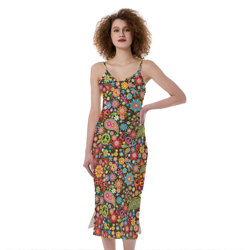 Colorful Hippie Peace Symbols Print Slim Fit Midi Cami Dress