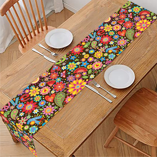 Colorful Hippie Peace Symbols Print Table Runner