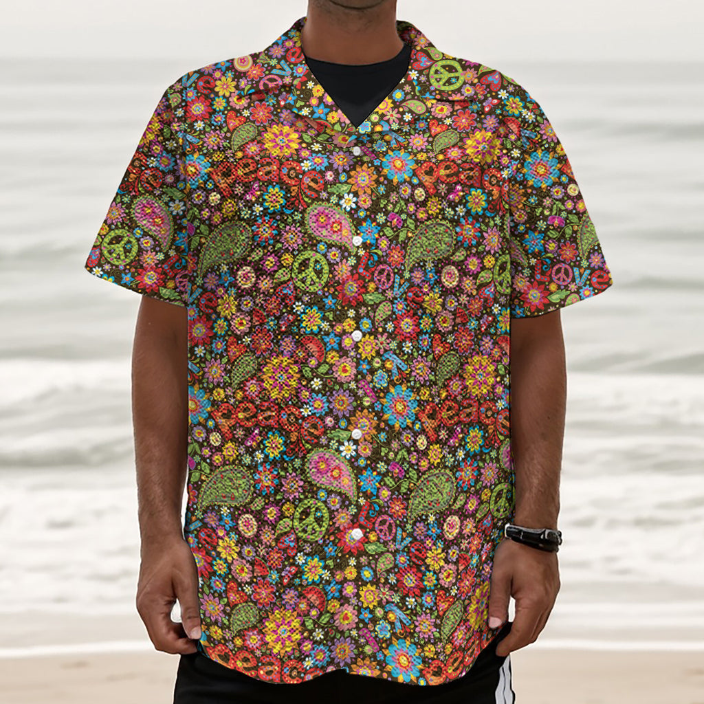 Colorful Hippie Peace Symbols Print Textured Short Sleeve Shirt