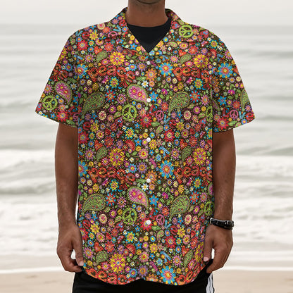 Colorful Hippie Peace Symbols Print Textured Short Sleeve Shirt