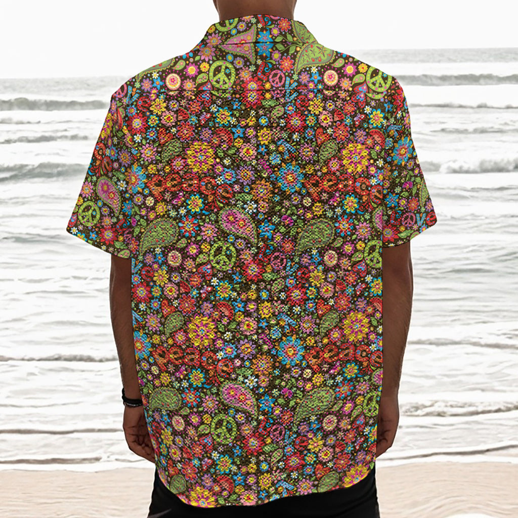 Colorful Hippie Peace Symbols Print Textured Short Sleeve Shirt