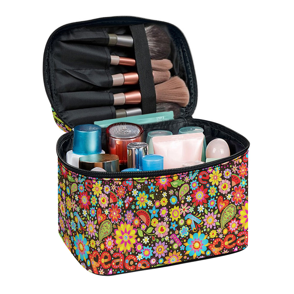 Colorful Hippie Peace Symbols Print Travel Makeup Bag