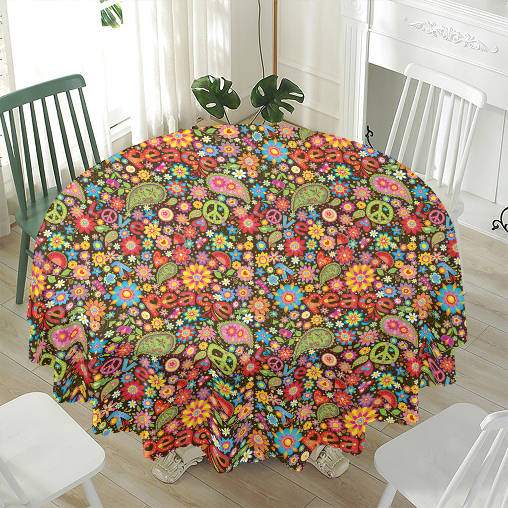 Colorful Hippie Peace Symbols Print Waterproof Round Tablecloth