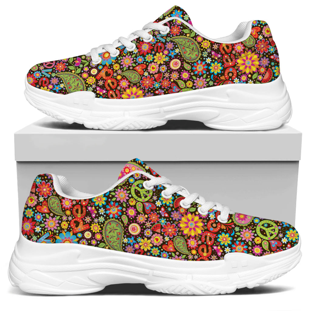 Colorful Hippie Peace Symbols Print White Chunky Shoes