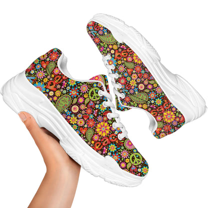 Colorful Hippie Peace Symbols Print White Chunky Shoes