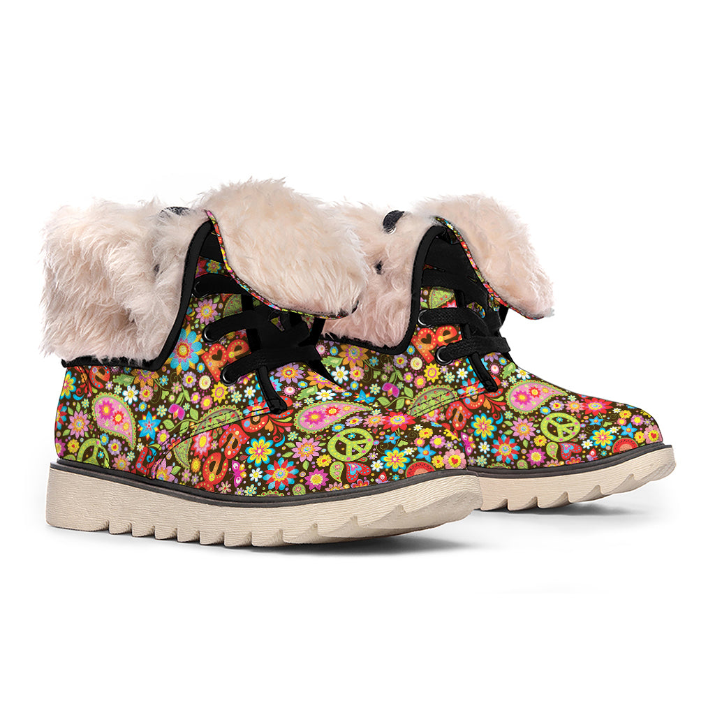 Colorful Hippie Peace Symbols Print Winter Boots