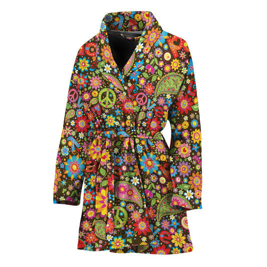 Colorful Hippie Peace Symbols Print Women's Bathrobe