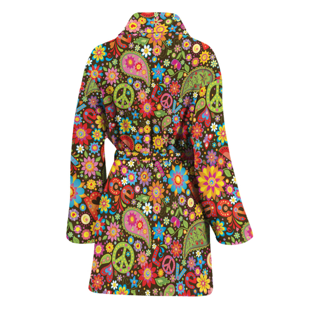 Colorful Hippie Peace Symbols Print Women's Bathrobe