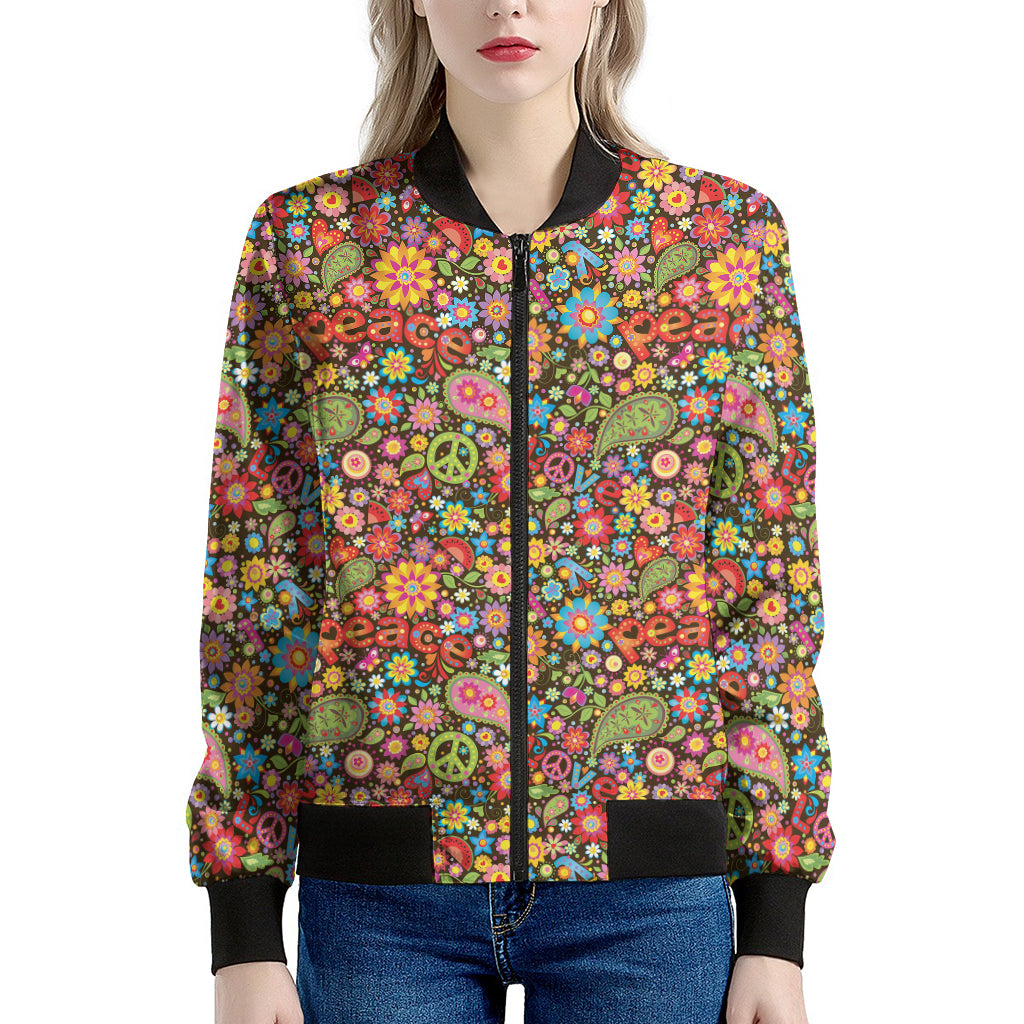 Colorful Hippie Peace Symbols Print Women's Bomber Jacket