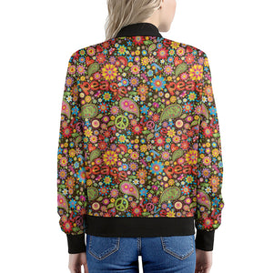 Colorful Hippie Peace Symbols Print Women's Bomber Jacket