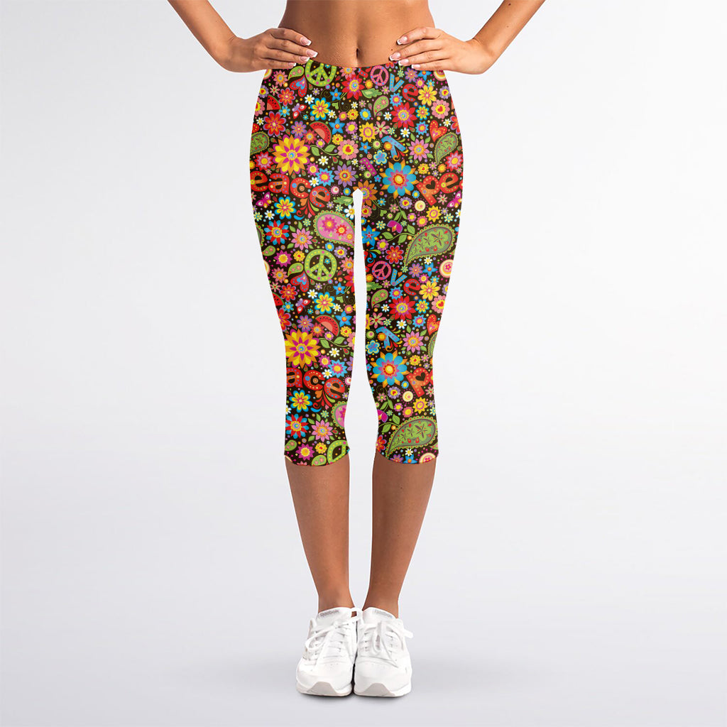 Colorful Hippie Peace Symbols Print Women's Capri Leggings