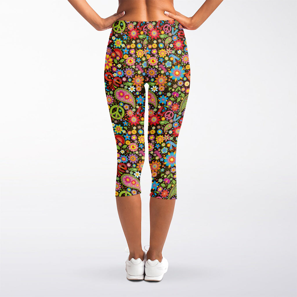 Colorful Hippie Peace Symbols Print Women's Capri Leggings