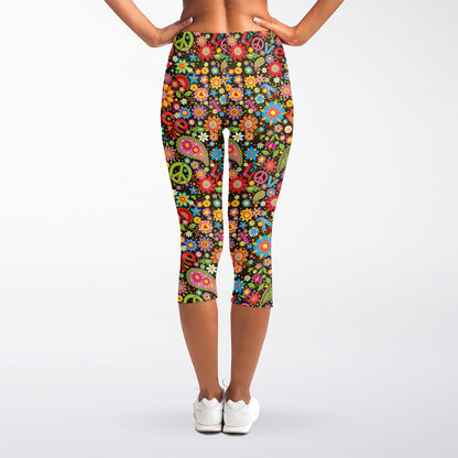 Colorful Hippie Peace Symbols Print Women's Capri Leggings
