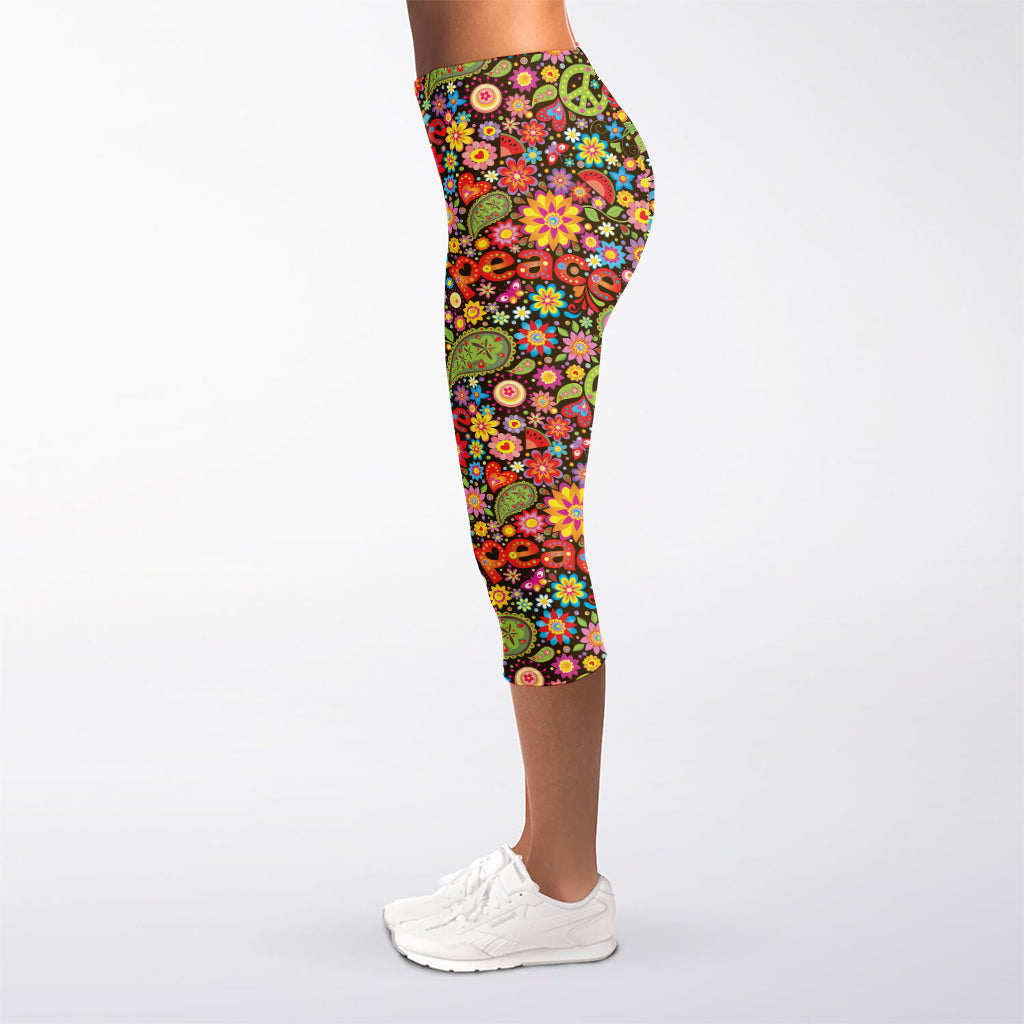 Colorful Hippie Peace Symbols Print Women's Capri Leggings