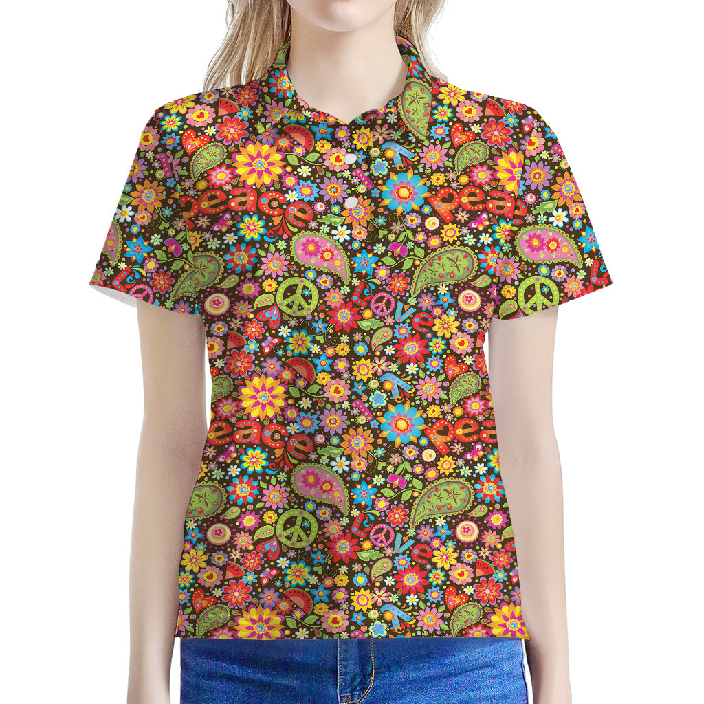 Colorful Hippie Peace Symbols Print Women's Polo Shirt