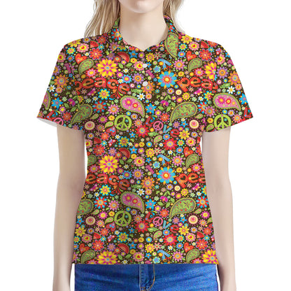 Colorful Hippie Peace Symbols Print Women's Polo Shirt