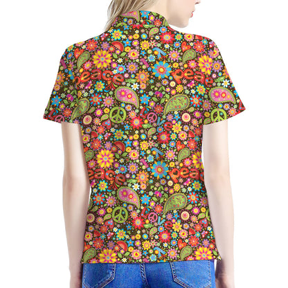 Colorful Hippie Peace Symbols Print Women's Polo Shirt