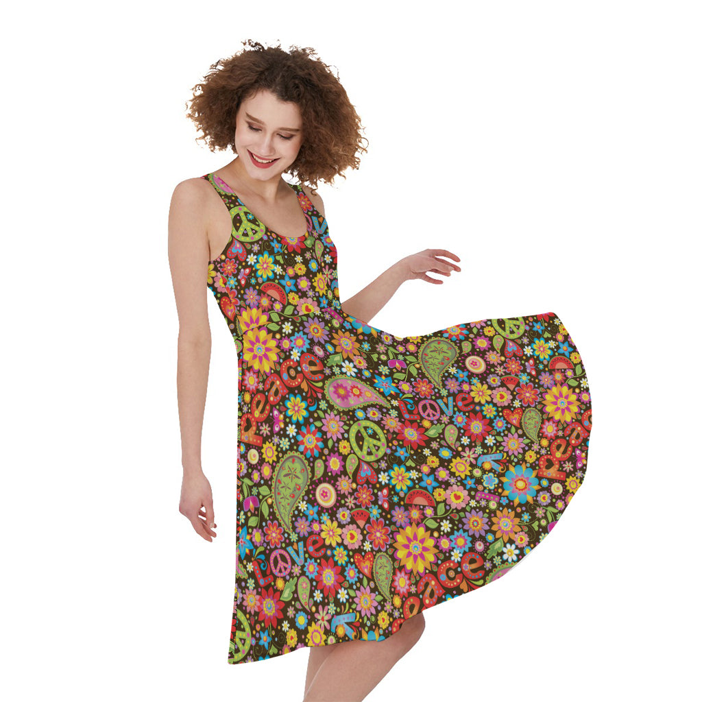 Colorful Hippie Peace Symbols Print Women's Sleeveless Dress