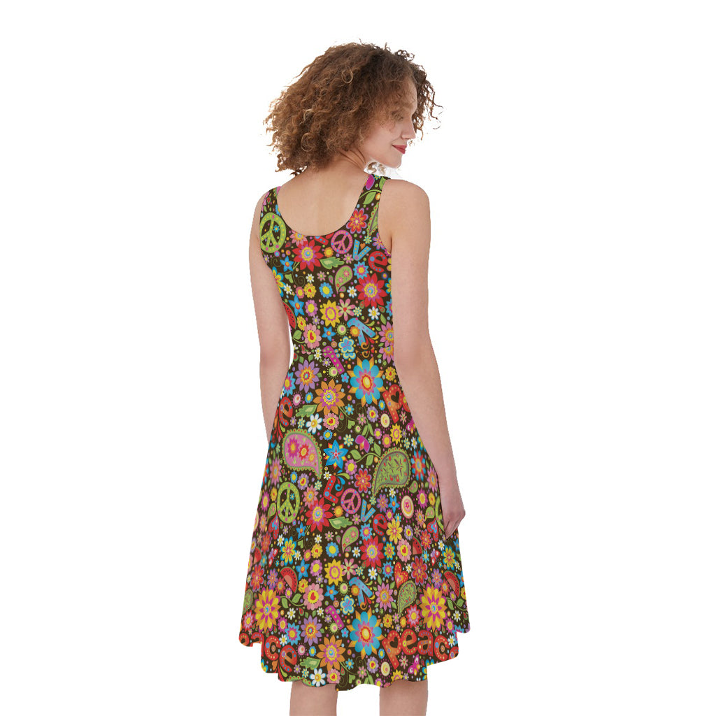 Colorful Hippie Peace Symbols Print Women's Sleeveless Dress