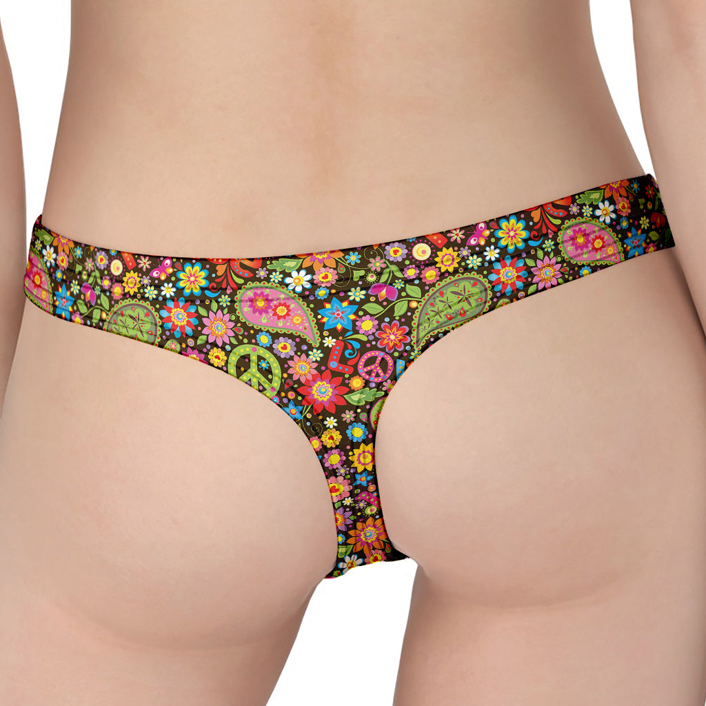 Colorful Hippie Peace Symbols Print Women's Thong