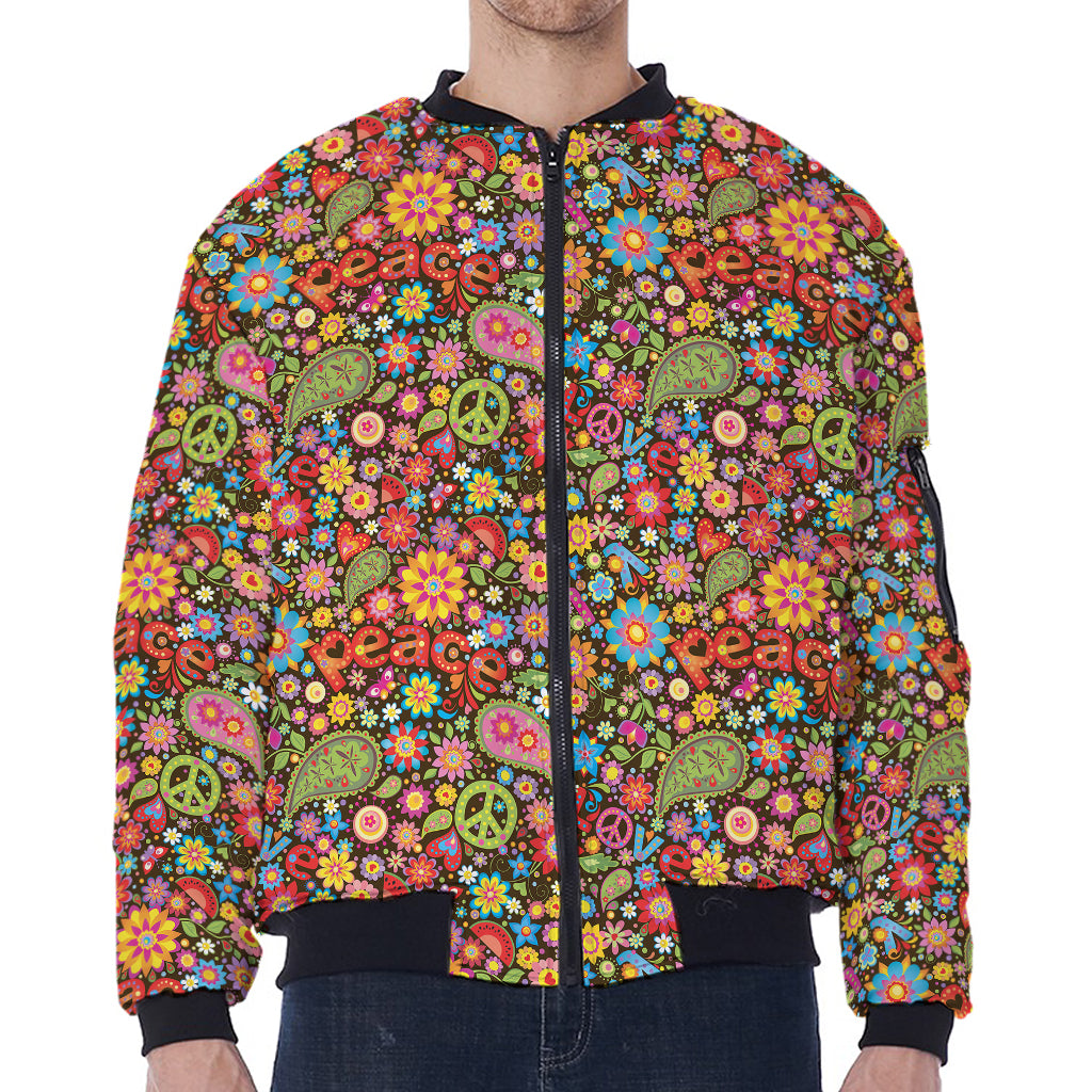 Colorful Hippie Peace Symbols Print Zip Sleeve Bomber Jacket