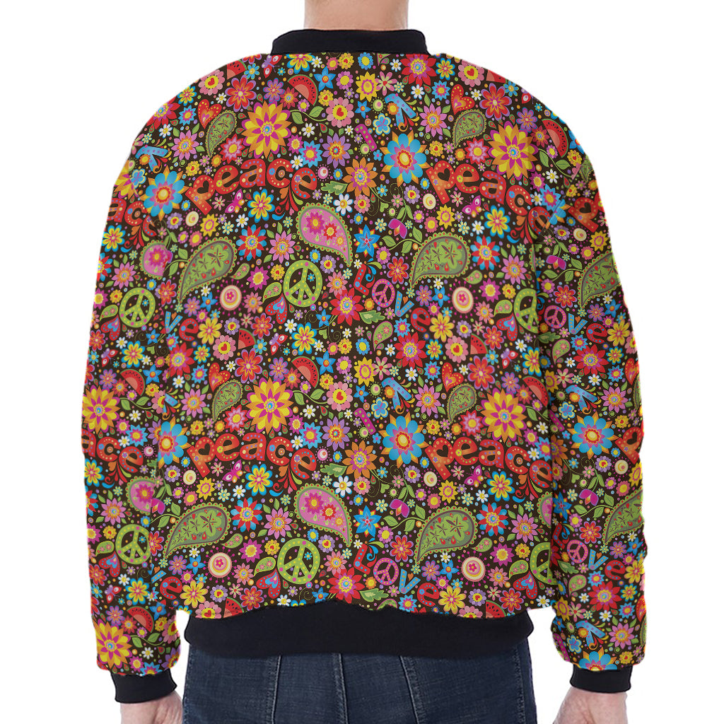 Colorful Hippie Peace Symbols Print Zip Sleeve Bomber Jacket