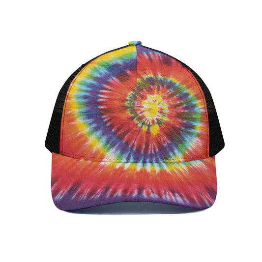 Colorful Hippie Tie Dye Print Black Mesh Trucker Cap
