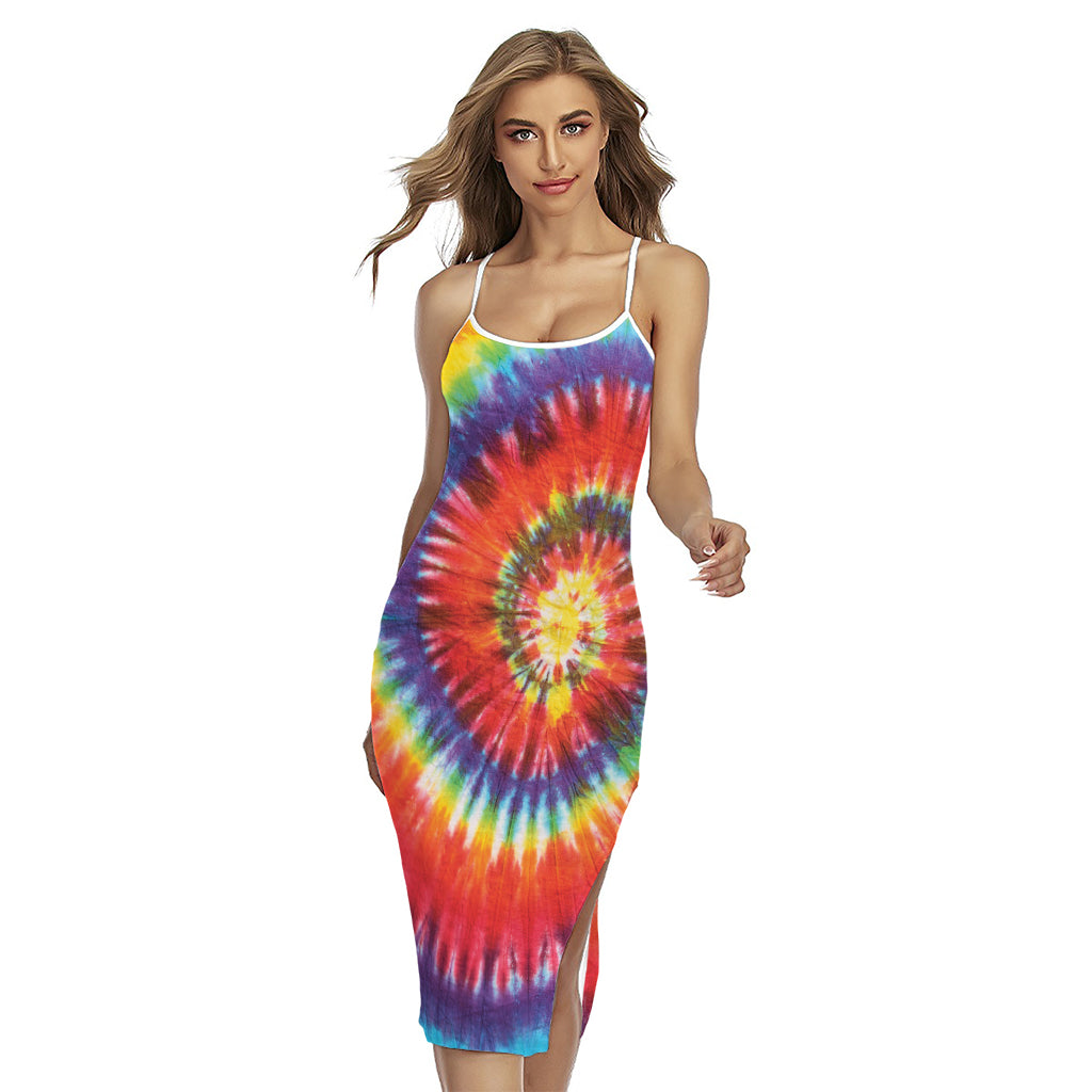Colorful Hippie Tie Dye Print Cross Back Cami Dress